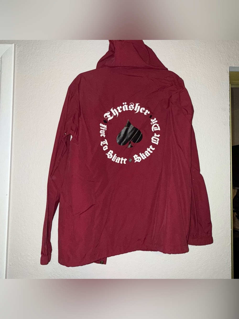 Thrasher Skate or Die Hooded Jacket Live to Skate Burgundy Maroon Size M Y2K